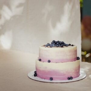 Delicious two-tier blueberry cake with ombre icing perfect for celebrations.